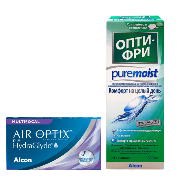 Набор Air Optix HydraGlyde Multifocal, 3pk + Opti-Free Pure Moist 300ml Набор Air Optix HydraGlyde Multifocal, 3pk + Opti-Free Pure Moist 300ml