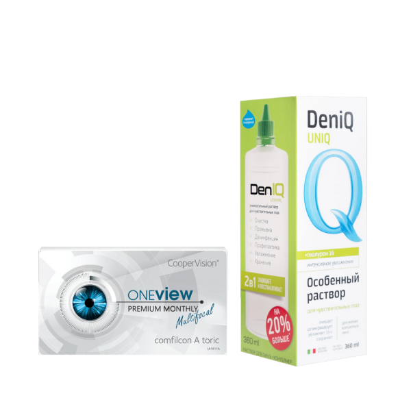 Набор OneView PREMIUM MONTHLY Multifocal, 3pk + раствор DENIQ Unihyal, 360 ml Набор OneView PREMIUM MONTHLY Multifocal, 3pk + раствор DENIQ Unihyal, 360 ml