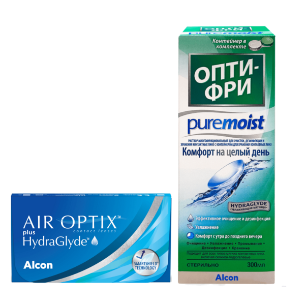 Набор Air Optix plus HydraGlyde, 3pk + Opti-Free Pure Moist 300ml Набор Air Optix plus HydraGlyde, 3pk + Opti-Free Pure Moist 300ml